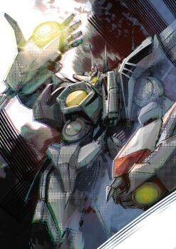 arm_up clenched_hand commentary_request cowboy_shot hades_project_zeorymer highres ikuyoan mecha mecha_focus no_humans one-eyed robot science_fiction solo standing super_robot yellow_eyes zeorymer