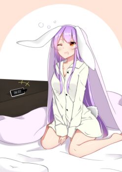 Rule 34 | +++, 1girl, ;o, alternate costume, animal ears, bad id, bad pixiv id, blush, breasts, brown eyes, cleavage, clock, collarbone, digital clock, drooling, female focus, floppy ears, long hair, long sleeves, medium breasts, on bed, one eye closed, pajamas, purple hair, rabbit ears, rabbit girl, rabbit tail, reisen udongein inaba, sidelocks, sitting, solo, squeans, tail, touhou, v arms, very long hair, waking up, wariza, xialuluo (sharuro)