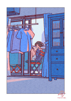 Rule 34 | 1girl, absurdres, balcony, bookshelf, brown hair, chair, curio, dusk, folding chair, footstool, hanging clothes, highres, indoors, original, reading, sitting, slice of life, sliding doors, solo, solo focus, spot color, srimerimer718