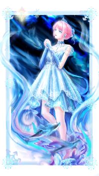 1girl aqua_eyeshadow aurora bare_legs blue_arm_warmers blue_bow blue_choker blue_dress blue_eyes blue_tiara border bow chinese_commentary choker closed_mouth collarbone colored_eyelashes commentary_request crystal_poems_(infinity_nikki) dress earrings expressionless eyeshadow feet_out_of_frame fish flying_fish hair_bow hair_bun highres infinity_nikki interlocked_fingers jewelry lace lace_choker lipstick looking_ahead makeup medium_dress necklace night night_sky nikki_(nikki) nikki_(series) outdoors outside_border own_hands_clasped own_hands_together picture_frame pink_hair pleated_dress print_dress red_lips short_hair single_hair_bun sky sleeveless sleeveless_dress snowflake_earrings snowflake_print solo striped_clothes striped_dress tiara vertical-striped_clothes vertical-striped_dress white_border yuguihuanran