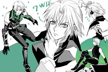 1boy ? aged_down armor black_footwear black_gloves black_jacket black_pants black_shirt boots final_fantasy final_fantasy_vii final_fantasy_vii:_ever_crisis furrowed_brow gloves hair_between_eyes hand_on_another&#039;s_chin hand_on_another&#039;s_head jacket knee_boots male_focus monochrome multiple_views out_of_frame pants parted_bangs parted_lips sephiroth sephiroth_(ever_crisis) shirt short_hair shoulder_armor sitting sleeveless sleeveless_turtleneck slit_pupils sparkle turtleneck vambraces what yan_river