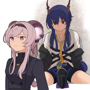 Rule 34 | 2girls, animal ears, arknights, black shorts, blue hair, ch'en (arknights), collared shirt, commentary request, dragon girl, dragon horns, female footjob, highres, horns, lin (arknights), long hair, mouse ears, mouse girl, multiple girls, necktie, purple eyes, purple hair, red eyes, shirt, shorts, simple background, twintails, white background, white shirt, yano (edbr1022), yellow necktie