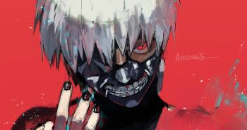 1boy artist_name black_mask black_nails choppy_bangs commentary commentary_request english_commentary eyepatch glowing glowing_eyes gums highres kaneki_ken leather_mask looking_at_viewer male_focus mixed-language_commentary mowar25 nose portrait red_background red_eyes short_hair solo teeth tokyo_ghoul white_hair zipper_pull_tab