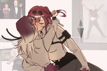 Rule 34 | 1boy, 4girls, absurdres, arms up, artist name, black bow, black bowtie, black hair, black male swimwear, black skirt, blush, botassium, bow, bowtie, character request, closed eyes, closed mouth, commentary, crossover, dress, elon musk, english commentary, ghislaine maxwell, gloves, grabbing another's hair, gradient hair, highres, holding another's hair, honkai: star rail, honkai (series), kafka (honkai: star rail), kiss, long hair, looking at viewer, male swimwear, multicolored hair, multiple girls, path to nowhere, ponytail, purple dress, purple gloves, purple hair, real life, red hair, schorl (path to nowhere), shalom (path to nowhere), shirt, skirt, smile, tuxedo, white hair, white shirt, yuri