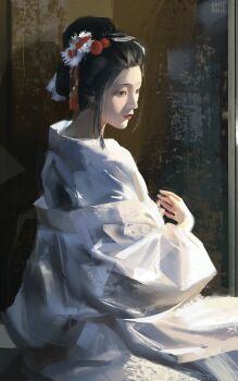 Rule 34 | 1girl, anirrie, art study, artist name, black eyes, commentary, english commentary, from side, hair bun, hair ornament, highres, japanese clothes, kimono, original, photo-referenced, red lips, signature, sitting, solo, white kimono