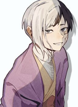 0a_9_(pixiv82791714) 1boy asagiri_gen asymmetrical_hair black_hair dr._stone grey_eyes grin jacket japanese_clothes long_sleeves looking_at_viewer male_focus multicolored_hair purple_jacket shadow shirt short_hair smile solo split-color_hair two-tone_hair upper_body white_background white_hair white_shirt