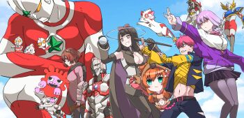 Rule 34 | aguila, alien, animal hands, black directive, bodysuit, bow, bowtie, cardigan, claws, color timer, company connection, crossover, gao, gauma, giant, gloves, gridman universe, highres, holding, holding staff, instance domination, jacket, kaijuu step, melos (ultraman), multiple boys, multiple girls, orange hair, paw gloves, personification, purple bow, purple bowtie, purple jacket, shinjou akane, sky, ssss.dynazenon, ssss.gridman, staff, stuffed dinosaur, the ultraman (anime), the ultraman (manga), tokusatsu, ultra kaijuu gijinka keikaku, ultra series, ultraman (hero's comics), ultraman blazar (series), ultraman chou toushi gekiden, ultraman joneus, ultraman kids, ultraman suit (hero's comics), umakizu, white cardigan