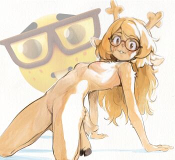 1girl :3 animal_ears antlers arched_back arm_support blush body_fur breasts brown-framed_eyewear brown_eyes brown_fur brown_hair buck_teeth butterchalk closed_mouth commentary completely_nude deer_antlers deer_ears deer_girl deer_tail deltarune emoji english_commentary freckles furry furry_female glasses groin hooves horns leaning_back loli long_hair looking_at_viewer navel nerd_emoji nipples noelle_holiday nude paper_texture pussy rectangular_eyewear round_eyewear shadow small_breasts smile solo swept_bangs tail teeth toned toned_female utdr_(toby_fox) white_background
