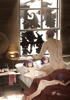 1boy 3girls after_vaginal aftersex age_difference ass bar_censor bed black_panties blvefo9 brown_hair bukkake censored commentary cum cum_in_pussy cum_on_ass cum_on_back cum_on_body cum_on_hair cum_on_lower_body cum_on_upper_body cumdrip dress facial fantasy glowing glowing_eyes grin harem hat jack-o'-lantern loli lying medium_hair missionary multiple_girls nipples nude on_back on_stomach original panties pillow pink_eyes potion purple_hair sex short_hair side-tie_panties silhouette size_difference sleeping smile spread_legs twintails underwear untied_panties unworn_dress unworn_panties vaginal vial window witch witch_hat