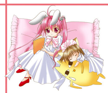 Rule 34 | <o> <o>, 2000s (style), 2girls, animal ears, azumanga daiou, bad id, book, bow, bowtie, brown hair, cat ears, closed mouth, di gi charat, dice hair ornament, dress, fujii ryou, full body, hair ornament, holding, holding book, long hair, looking at viewer, mihama chiyo's father, multiple girls, open mouth, pink bow, pink bowtie, pink eyes, pink hair, puchiko, rabbit ears, short hair, sleeping, smile, sweatdrop, twintails, usada hikaru, white dress