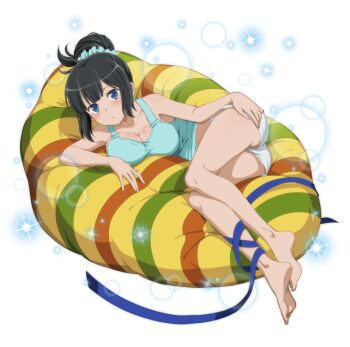 Rule 34 | 1girl, :o, anime coloring, bare arms, bare legs, bare shoulders, barefoot, bean bag chair, black hair, blue eyes, blue ribbon, blue scrunchie, blue tank top, blunt bangs, breasts, cleavage, danmachi memoria freese, dungeon ni deai wo motomeru no wa machigatteiru darou ka, full body, game cg, hair bun, hair ornament, hair scrunchie, hand on own ass, hestia (danmachi), large breasts, looking at viewer, lying, official alternate costume, official alternate hairstyle, official art, on side, parted lips, ribbon, scrunchie, short hair, short shorts, shorts, sidelocks, single hair bun, solo, tank top, third-party source, white shorts