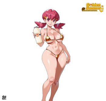 1girl absurdres artist_name bikini bottle breasts closed_mouth commentary curvy feet_out_of_frame gold_bikini hair_ornament highres holding holding_bottle kyoffie large_breasts looking_at_viewer milk_bottle moomoo_milk navel nintendo patreon_logo patreon_username pink_eyes pink_hair pokemon pokemon_hgss simple_background smile solo swimsuit thong thong_bikini twintails white_background whitney_(pokemon) wide_hips