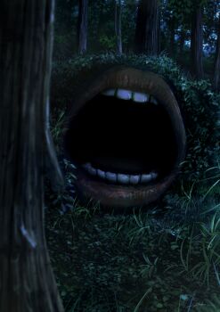 absurdres commentary_request forest fracoco highres horror_(theme) nature night no_humans open_mouth original surreal teeth tree what