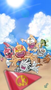 Rule 34 | 6+boys, armlet, armor, beach, biceps, blank eyes, chibi, grin, happy, helmet, highres, jewelry, jumping, kazeya kazuya, kinniku ataru, kinniku suguru, kinnikuman, kinnikuman (character), kinnikuman big body, kinnikuman mariposa, kinnikuman soldier, kinnikuman super phoenix, kinnikuman zebra, large pectorals, looking ahead, looking at viewer, manly, mask, mouth mask, multiple boys, muscular, pectorals, playing sports, running, serious, simple background, smile, wrestling, wrestling mask, wrestling outfit