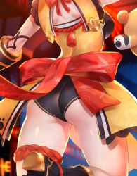 1girl ass ass_focus black_shorts bow bowtie china_dress chinese_clothes close-up dress from_behind genshin_impact guoba_(genshin_impact) head_out_of_frame high_heels highres leg_up legs lower_body matsumoto_tomoyohi panda paw_print red_bow shiny_skin short_shorts shorts sleeveless sleeveless_dress thighs xiangling_(genshin_impact) yellow_dress