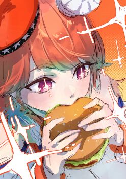 1girl beret bread_bun burger chef_hat commentary_request detached_sleeves dot_nose earrings eating fast_food feather_earrings feathers food from_above gradient_background gradient_hair green_feathers green_hair hair_flaps halftone halftone_background hands_up hat highres holding holding_burger holding_food hololive hololive_english jewelry lettuce long_hair looking_ahead meimeimei0503 mini_chef_hat mini_hat multicolored_hair multiple_hats orange_background orange_hair orange_hat orange_vest parted_bangs purple_eyes ribbed_sleeves shirt sidelocks solo sparkle sparkling_eyes star_(symbol) swept_bangs takanashi_kiara takanashi_kiara_(1st_costume) two-tone_hair upper_body vest virtual_youtuber white_hat white_shirt yellow_background