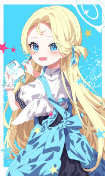 Rule 34 | 1girl, absurdres, angel wings, apron, blonde hair, blue apron, blue archive, blue eyes, blue ribbon, commentary, hair ribbon, halo, highres, holding, holding pen, hua-huahua, long hair, painting (action), pen, ribbon, shirt, solo, sora (blue archive), star (symbol), white halo, white shirt, wings