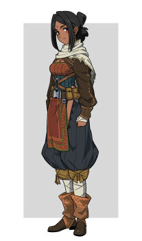 1girl arm_wrap belt bindi black_hair boots breasts brown_boots capelet cleavage clenched_hand dark-skinned_female dark_skin facepaint facial_mark forehead_mark grey_background hair_intakes leg_wrap long_sleeves original pelvic_curtain simple_background small_breasts solo suzushiro_(suzushiro333)