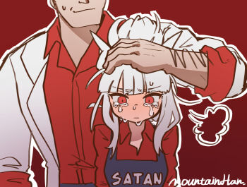 1boy 1girl apron commentary_request crying demon_girl headpat height_difference helltaker helltaker_(character) highres horns long_hair lucifer_(helltaker) mole mole_under_eye mountain_han red_background red_eyes sad sweat tears white_horns