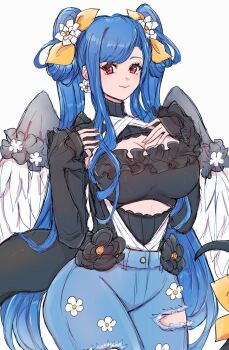 Rule 34 | 1girl, alternate hairstyle, angel wings, black flower, black sweater, breasts, chemaru (a8l), cleavage, cleavage cutout, clothing cutout, commentary request, denim, dizzy (guilty gear), earrings, floral print, floral print pants, flower, guilty gear, guilty gear strive, hair flower, hair ornament, hair ribbon, hand on own chest, highres, jeans, jewelry, large breasts, long hair, long sleeves, mature female, mini wings, monster girl, pants, queen dizzy, red eyes, ribbon, simple background, smile, solo, sweater, swept bangs, tail, tail ornament, tail ribbon, torn clothes, torn pants, turtleneck, turtleneck sweater, twintails, white background, white flower, wings