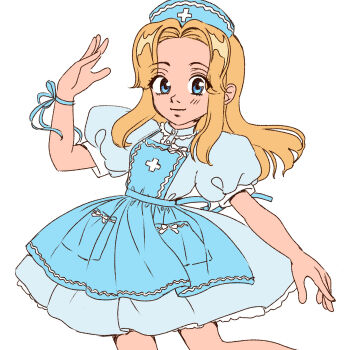 Rule 34 | 1girl, alternate costume, apron, blonde hair, blue apron, blue dress, blue eyes, candiirabbitart, dress, hat, highres, looking at viewer, maria robotnik, nurse cap, simple background, solo, sonic (series), white background