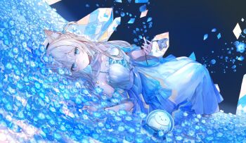 Rule 34 | 1girl, animal ear fluff, animal ears, bare shoulders, blonde hair, blue dress, blue eyes, blue flower, blue petals, cat ears, commentary request, commission, dress, falling petals, field, first stage production, flower, flower field, highres, holding, holding flower, long hair, looking at viewer, lying, nyapupu marina, off-shoulder dress, off shoulder, official art, on back, petals, sasakura, seisaiminty, solo, spaghetti strap, virtual youtuber
