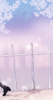 1girl a_pervert&#039;s_daily_life absurdres alicecrazy black_shoes black_socks black_thighhighs female_focus highres official_art outdoors pussy_juice pussy_juice_puddle railing sexually_suggestive seyoung_shin shoes socks solo solo_focus thighhighs walking_away wet