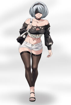 1girl 2b_(nier:automata) abs absurdres bag bare_shoulders black_choker breasts choker cleavage covered_eyes curvy grey_hair gt_(inesperados2013) hairband handbag highres holding holding_bag large_breasts long_sleeves midriff mole mole_under_mouth nier:automata nier_(series) partially_unbuttoned plump sandals short_hair simple_background solo strapless thighhighs thighs unbuttoned white_background white_hair zettai_ryouiki
