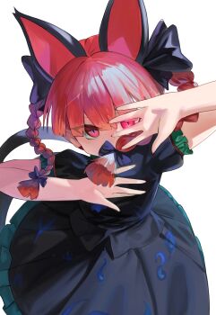 1girl absurdres animal_ears braid cat_ears cat_tail dokomon dress highres kaenbyou_rin red_eyes red_hair simple_background solo tail touhou twin_braids white_background