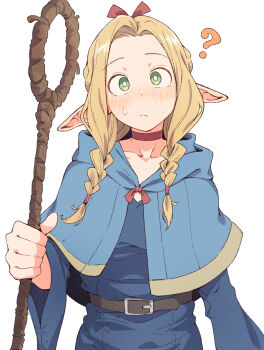 1girl ? blonde_hair blush braid capelet choker commentary_request dress dungeon_meshi eitopondo elf green_eyes highres holding long_hair long_sleeves looking_at_viewer marcille_donato pointy_ears robe simple_background staff