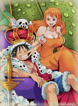 1boy 1girl bandaid bandaid_on_face bandaid_on_forehead bare_shoulders black_hair blue_shorts braid breasts chandllucky cheek_pull cleavage closed_eyes coat collarbone commentary_request cross_scar crown devil_fruit_power dress earrings elasticity facial_scar feet_out_of_frame fur-trimmed_shorts fur_coat fur_trim grin half_up_braid highres jewelry juliet_sleeves large_breasts long_dress long_hair long_sleeves looking_at_another monkey_d._luffy nami_(one_piece) off-shoulder_dress off_shoulder official_alternate_costume one_piece open_clothes open_mouth open_shirt orange_dress orange_eyes orange_hair pearl_earrings planted planted_sword planted_weapon puffy_sleeves red_shirt scar scar_on_cheek scar_on_chest scar_on_face shirt shorts shoulder_tattoo sidelocks sitting skull smile sparkle sword tattoo teeth twitter_username upper_teeth_only wavy_hair weapon