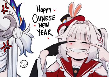 Rule 34 | 2girls, absurdres, anger vein, black gloves, black hat, cape, chinese new year, commentary, english commentary, gloves, hat, highres, honkai: star rail, honkai (series), long hair, making faces, mamaprofennn, mini hat, mini top hat, multiple girls, peacock feathers hair ornament, racism, red cape, single glove, smile, sparkle (honkai: star rail), sparxie (honkai: star rail), spoken expression, top hat, twintails, very long hair, white hair, yao guang (honkai: star rail)