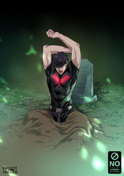 1boy bat_signal batman batman_(series) batman_symbol black_hair black_shirt dc_comics grave graveyard jason_todd jjmk-jjmk male_focus muscular muscular_male pants red_hood_(dc) red_hood_and_the_outlaws rest_in_peace_(phrase) shirt short_hair superhero_costume tombstone
