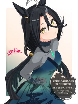 1girl absurdres ahoge artist_name black_dress black_gloves black_hair closed_mouth collared_dress dress ear_ornament earclip gloves hair_between_eyes highres lace-trimmed_collar lace_trim long_hair long_hair_between_eyes long_sleeves looking_at_viewer manhattan_cafe_(umamusume) multicolored_hair qs_tu9 see-through_clothes see-through_dress see-through_gloves signature solo umamusume very_long_hair watermark white_hair yellow_eyes