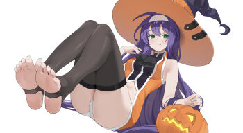 1girl :3 ascot black_ascot black_thighhighs blush breasts closed_mouth clothing_cutout commentary_request commission dress feet fire_emblem fire_emblem:_path_of_radiance fire_emblem:_radiant_dawn fire_emblem_heroes foot_focus green_eyes hair_between_eyes hairband hat highres jack-o&#039;-lantern kagemoe1003 legs long_hair looking_at_viewer medium_breasts mia_(fire_emblem) mia_(halloween)_(fire_emblem) navel_cutout nintendo no_shoes official_alternate_costume orange_dress panties purple_hair simple_background skeb_commission sleeveless sleeveless_dress smile soles solo stirrup_legwear thick_thighs thighhighs thighs toeless_legwear toes underwear very_long_hair white_background white_hairband white_panties witch_hat