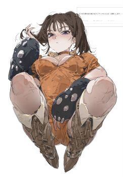 1girl absurdres black_arm_warmers blush boots breasts brown_boots brown_hair cleavage closed_mouth diane_(nanatsu_no_taizai) full_body hand_up highres le_(szs0k) looking_at_viewer medium_breasts medium_hair nanatsu_no_taizai odaibako purple_eyes simple_background solo twintails white_background
