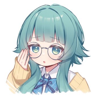 1girl :o blue_bow blue_bowtie blunt_bangs blush bow bowtie collared_shirt commentary cropped_torso dot_nose glasses green_eyes green_hair hand_up long_hair long_sleeves nori_tama00 open_mouth original round_eyewear shirt simple_background sleeves_past_wrists solo striped_bow striped_bowtie striped_clothes sweater symbol-only_commentary white_background white_shirt yellow_sweater