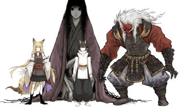 1girl 1other 2boys armor arms_at_sides baggy_pants bare_shoulders black_hair black_sclera black_skirt blank_stare blonde_hair blot_plot blunt_bangs closed_mouth colored_extremities colored_sclera colored_skin demon_boy detached_sleeves extra_arms facial_hair facial_mark fingernails fox_girl fox_tail full_body gauntlets grey_hair highres horns japanese_armor japanese_clothes kankan33333 kei_(kankan33333) long_hair long_mustache looking_at_viewer monk monster monster_boy multiple_boys mustache orange_eyes orange_sash pale_skin pants red_skin rope_belt sandals sharp_fingernails short_hair simple_background single_horn size_difference skirt smile socks standing tabi tail teeth tunic white_background white_sleeves white_socks white_tunic wide-eyed yellow_eyes