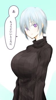 1girl breasts chiguhagu_trick grey_hair highres kawakami_sanruishu knit_sweater large_breasts original purple_eyes speech_bubble sweater