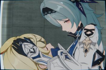 1boy 1boy1girls 1girl assertive_female b-banto blonde_hair blue_background blue_gloves blue_hair clothing_cutout day eula_(genshin_impact) femdom genshin_impact gloves hair_between_eyes hair_ornament hairband hand_on_another&#039;s_head highres long_sleeves mika_(genshin_impact) orange_eyes photo_(medium) reverse_ryona self-upload shoulder_cutout smile smirk unconscious wide_sleeves