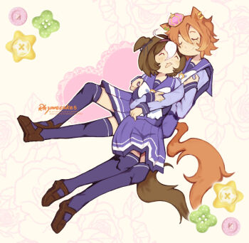 Rule 34 | 2girls, ahoge, animal ear piercing, animal ears, blush, bow, brown hair, brown shoes, brown tail, buttons, closed eyes, crown, ear ornament, ear piercing, ear ribbon, flower, hair between eyes, hair ornament, hair ribbon, hairband, hand on another's arm, hand on another's chest, hand on another's shoulder, hand on another's waist, heart, heart background, highres, horse ears, horse girl, horse tail, hug, hug from behind, kizzy (rhymecakes), long sleeves, lying, lying on person, meisho doto (umamusume), mini crown, multicolored hair, multiple girls, on back, open mouth, orange hair, orange tail, piercing, pink crown, pink hairband, pleated skirt, purple shirt, purple skirt, purple thighhighs, reclining, ribbon, rose, sailor collar, sailor shirt, school uniform, shirt, shoes, short hair, skirt, smile, star (symbol), star symbol background, t.m. opera o (umamusume), tail, thighhighs, tracen school uniform, two-tone hair, umamusume, watermark, white background, white bow, white hair