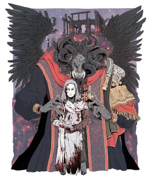 2boys absurdres asymmetrical_horns black_nails blood blood_on_clothes blood_on_gloves blood_on_mask boots border commission cowl cropped_legs elden_ring feathered_wings hands_on_another&#039;s_shoulders highres holding_own_horn horns horns_on_eye_sockets in-universe_location looking_at_viewer mask mismatched_horns missing_eye mohg_lord_of_blood multiple_boys multiple_horns ornate_clothes own_hands_clasped own_hands_together paristandard polearm red_eyes robe smile standing stole straight-on trident weapon white-faced_varre white_border white_mask wings yellow_eyes