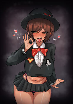 Rule 34 | !karryn!, 1girl, absurdres, animal print, bird, black skirt, blush, bow, bowtie, breasts, brown eyes, brown hair, collared shirt, commentary request, dark-skinned female, dark skin, fellatio gesture, female pubic hair, hat, heart, highres, kindergarten uniform, korean commentary, korean text, leopard print, leopard print panties, limbus company, limbus kindergarten uniform, official alternate costume, open mouth, outis (project moon), panties, penguin, pink panties, print panties, project moon, pubic hair, red bow, school hat, shirt, skirt, solo, tongue, tongue out, traditional bowtie, underwear, white shirt