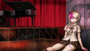 1girl blonde_hair blood blood_from_mouth blood_on_face blood_on_hands blood_splatter blush_stickers brown_socks closed_eyes commentary curtains danganronpa_(series) danganronpa_2:_goodbye_despair death duplicate english_commentary game_cg grand_piano hope's_peak_academy_school_uniform instrument kneehighs komatsuzaki_rui kuzuryu_natsumi long_hair official_art open_mouth piano pink_blood pixel-perfect_duplicate pleated_skirt raised_eyebrows ribbon school_uniform skirt socks solo third-party_source