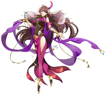 1girl anklet arabian_clothes armlet ashemar_(langrisser) bare_shoulders belly_dancing belt black_cape black_shirt bracelet breasts brown_hair cape choker_jewel clothing_cutout coin_(ornament) covered_navel dancer dancing earrings feather_hair_ornament feathers floating_clothes floating_hair flower frilled_armlet full_body game_cg gem gold_anklet gold_armlet gold_belt gold_bracelet gold_earrings gold_trim green_eyes hair_between_eyes hair_ornament harem_outfit harem_pants highres hip_vent holding holding_flower jewelry langrisser langrisser_mobile large_breasts long_hair looking_at_viewer messy_bangs multicolored_shirt neck_ring no_shoes official_art open_mouth pants parted_lips pink_pants pink_shirt purple_shawl red_cape second-party_source see-through_clothes see-through_pants see-through_shawl sequins shawl shirt side_cutout side_slit simple_background sleeveless sleeveless_shirt smile solo standing swept_bangs tachi-e tassel tiptoes transparent_background two-sided_cape two-sided_fabric veil very_long_hair waist_cape white_veil wristband