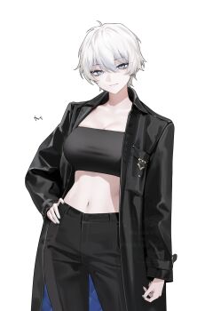 1girl bandeau black_coat black_nails black_pants blue_eyes breasts cleavage closed_mouth coat cowboy_shot crop_top grey_eyes hair_between_eyes hand_on_own_hip highres large_breasts long_sleeves looking_at_viewer midriff navel nechika-sama needy_girl_overdose ohisashiburi open_clothes open_coat pants short_hair simple_background smile solo standing stomach strapless tube_top white_background white_hair