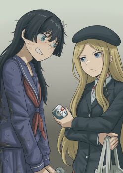 Rule 34 | 2girls, absurdres, bag, beret, black hair, black jacket, blazer, blonde hair, blue eyes, blue jacket, blue sailor collar, blue skirt, can, canned food, collared shirt, commentary, disheveled, english commentary, flower, frenda seivelun, frown, grafhou, grocery bag, hair flower, hair ornament, hat, highres, jacket, long hair, messy hair, multiple girls, neckerchief, nervous smile, pleated skirt, red neckerchief, sailor collar, sakugawa school uniform, saten ruiko, school uniform, serafuku, shirt, shopping bag, simple background, skirt, smile, toaru kagaku no railgun, toaru kagaku no railgun s, toaru majutsu no index, white shirt