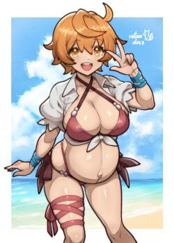 1girl :d absurdres arm_ribbon beach becky_(dragalia_lost) blue_ribbon breasts collarbone commentary commission commissioner_upload dragalia_lost earrings english_commentary fingernails highres jewelry ko-fi_commission large_breasts leaning_forward leg_ribbon looking_at_viewer non-web_source ocean open_clothes open_mouth open_shirt orange_eyes orange_hair pregnant red_ribbon ribbon rotomdocs shirt short_hair signature smile solo swimsuit v water white_shirt