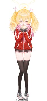 Rule 34 | 1girl, :d, ^ ^, absurdres, adapted costume, ahoge, black gloves, black thighhighs, blonde hair, blue archive, blush, closed eyes, commentary request, cross-laced shoes, facing viewer, food, full body, gloves, hair intakes, hair ribbon, halo, hands up, happy, highres, holding, holding food, jacket, korean commentary, long hair, mako draw01, miniskirt, open mouth, pink skirt, pleated skirt, red jacket, ribbon, school uniform, shoes, sidelocks, simple background, skirt, smile, sneakers, solo, standing, steam, steamed bun, teeth, thighhighs, thighs, track jacket, twintails, twitter username, upper teeth only, white background, white ribbon, white shoes, winter clothes, yellow halo, yoshimi (blue archive), zettai ryouiki