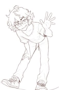 1girl absurdres breasts curly_hair glasses highres original pants self-upload shirt shoes tsuicaa wavy_hair